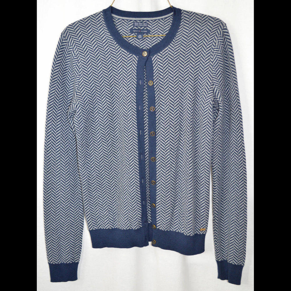 Tommy Hilfiger Cardigan Sweater Blue/Gray Herringbone Pima Cotton Women's XS